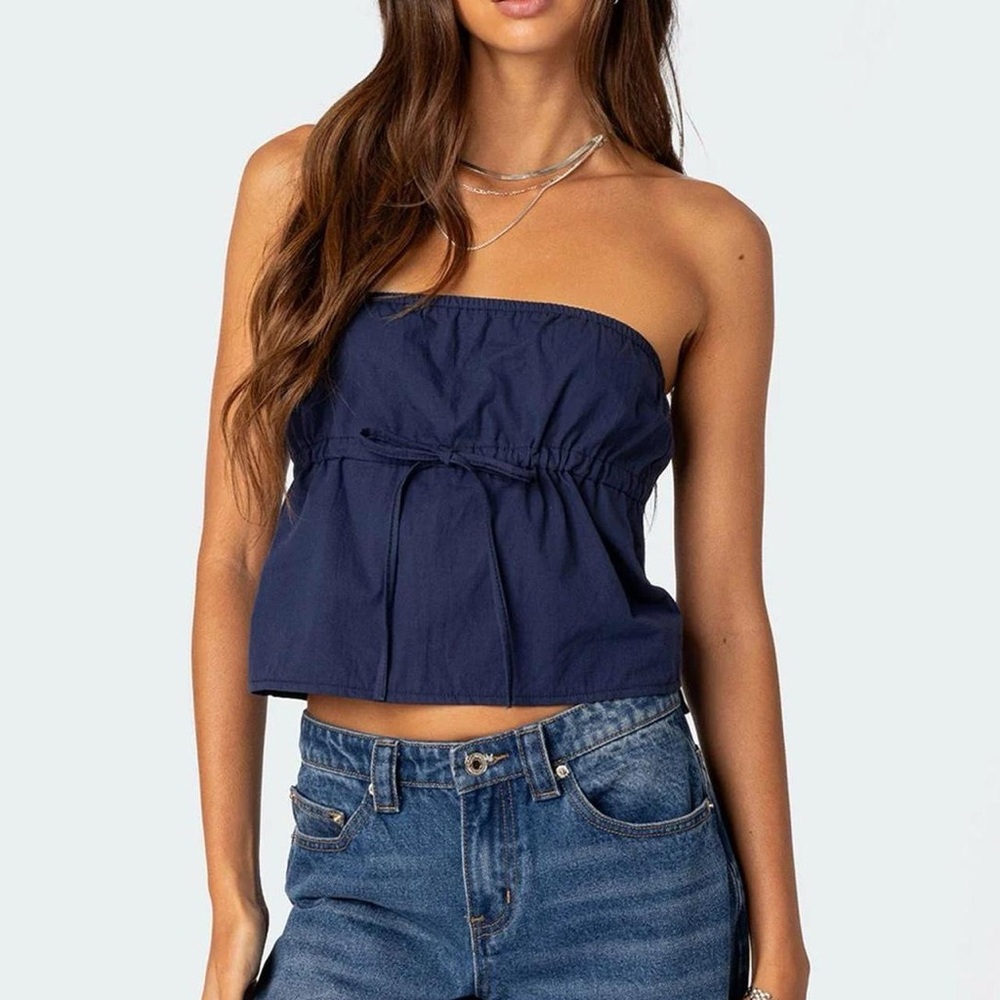 Edikted Navy Blue Strapless Crop Top